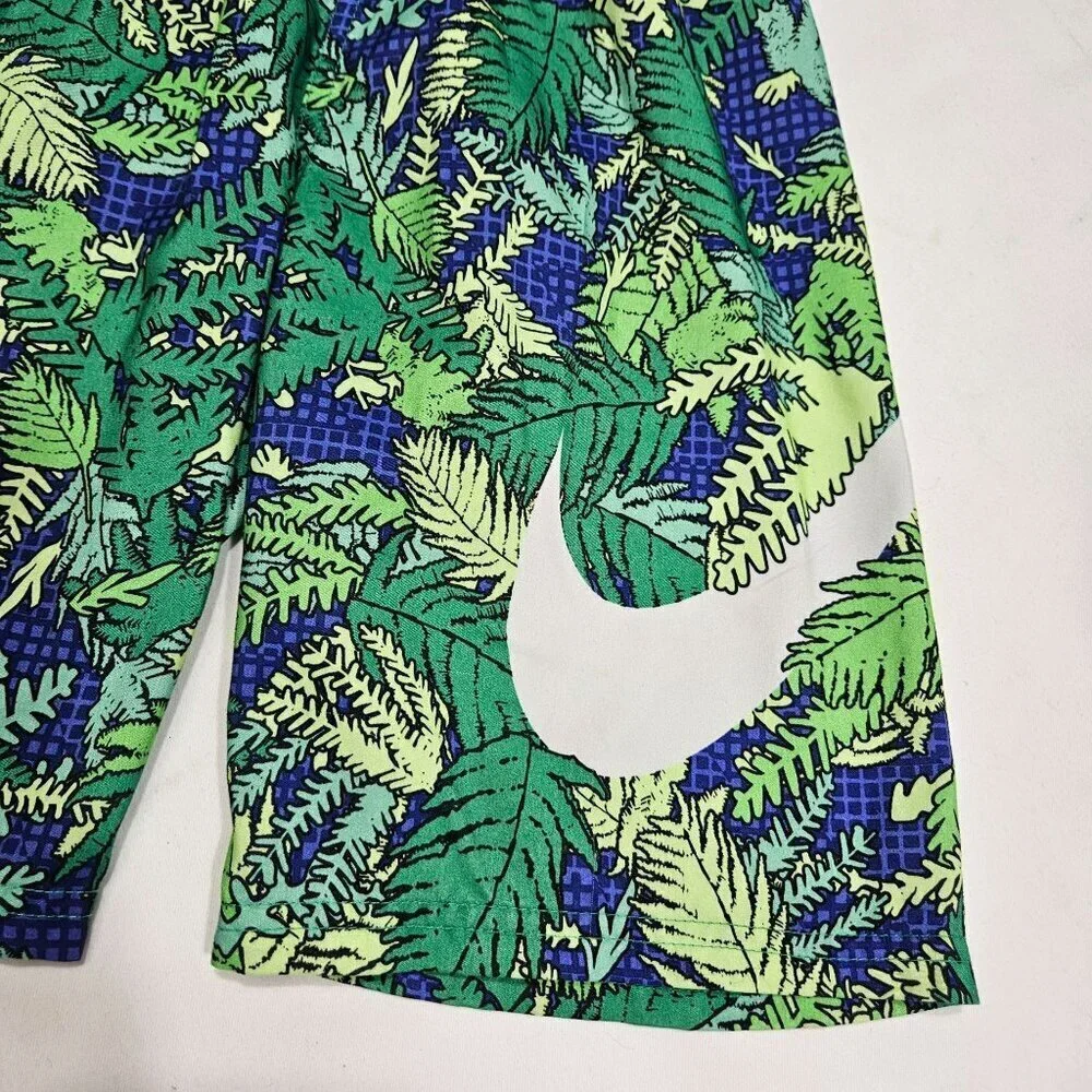 Nike Youth Tropical Leaf Print‎ Swim Trunks M 10-12 Yrs Green/Blue Cinch Waist
